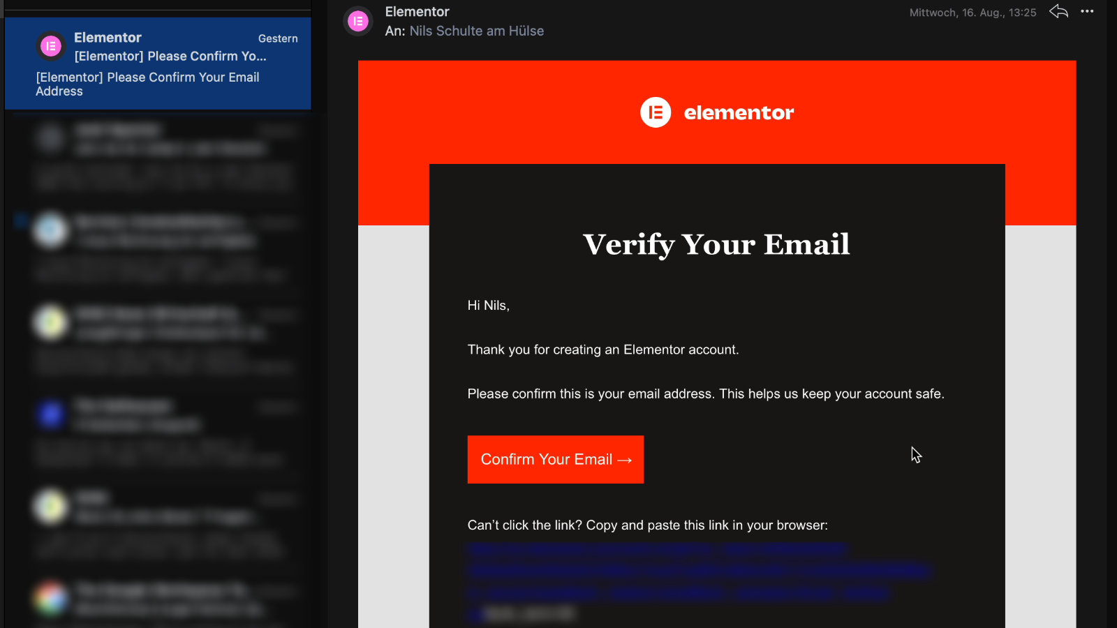 Elementor Account E-Mail Verifizierung